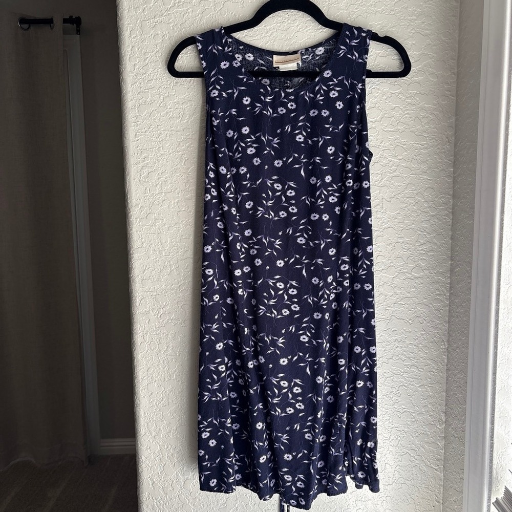 Women M Vintage 90s Sleeveless Mini Dress Navy Blue Tie Floral Summer Pleated